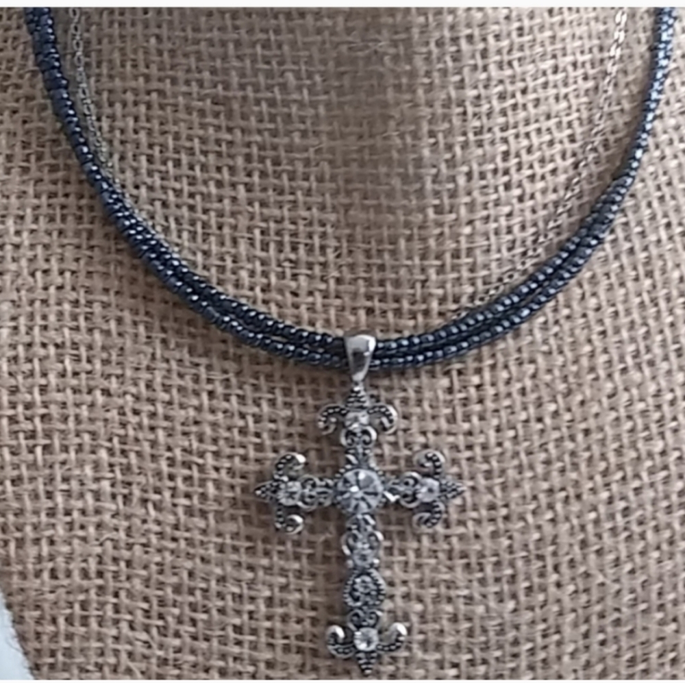 Cookie Lee Cross Pendant Necklace Three Strand Beaded